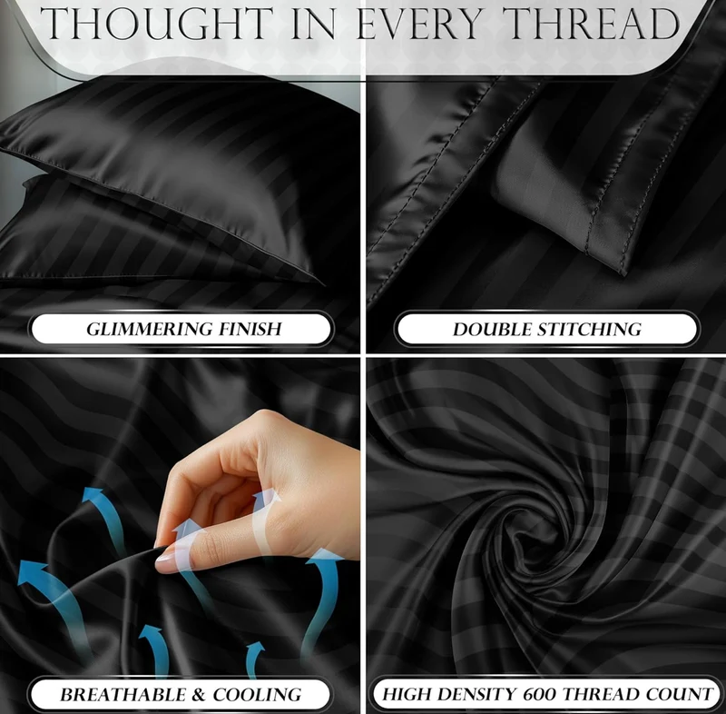 Satin Bed Sheets - 4 PCS Luxury Silky Queen Size Bedding Set - Softer Than Silk, Wrinkle-Free with 15” Deep Pocket Fitted Sheet - (Striped Black)