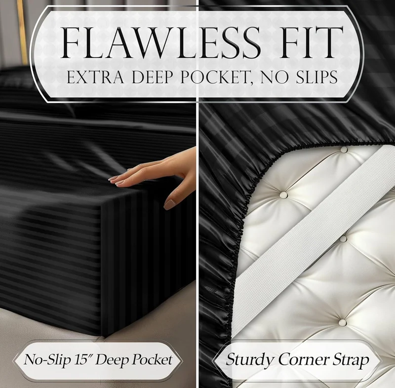 Satin Bed Sheets - 4 PCS Luxury Silky Queen Size Bedding Set - Softer Than Silk, Wrinkle-Free with 15” Deep Pocket Fitted Sheet - (Striped Black)