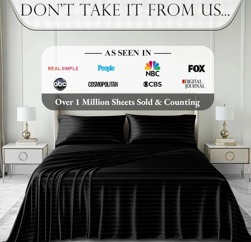 Satin Bed Sheets - 4 PCS Luxury Silky Queen Size Bedding Set - Softer Than Silk, Wrinkle-Free with 15” Deep Pocket Fitted Sheet - (Striped Black)