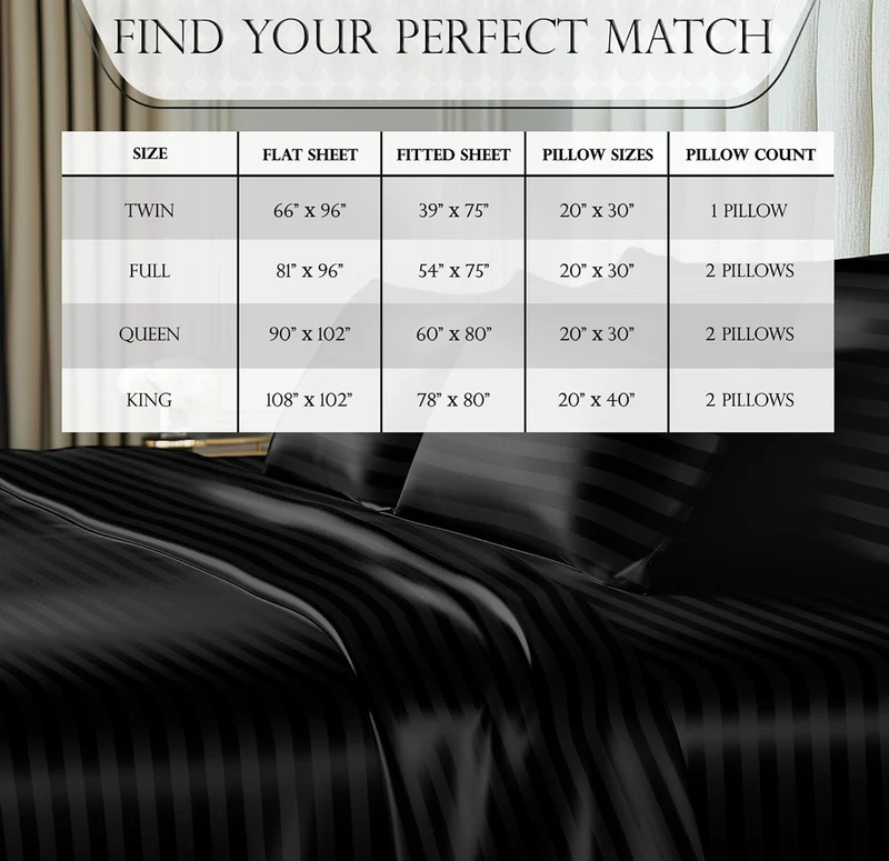 Satin Bed Sheets - 4 PCS Luxury Silky Queen Size Bedding Set - Softer Than Silk, Wrinkle-Free with 15” Deep Pocket Fitted Sheet - (Striped Black)