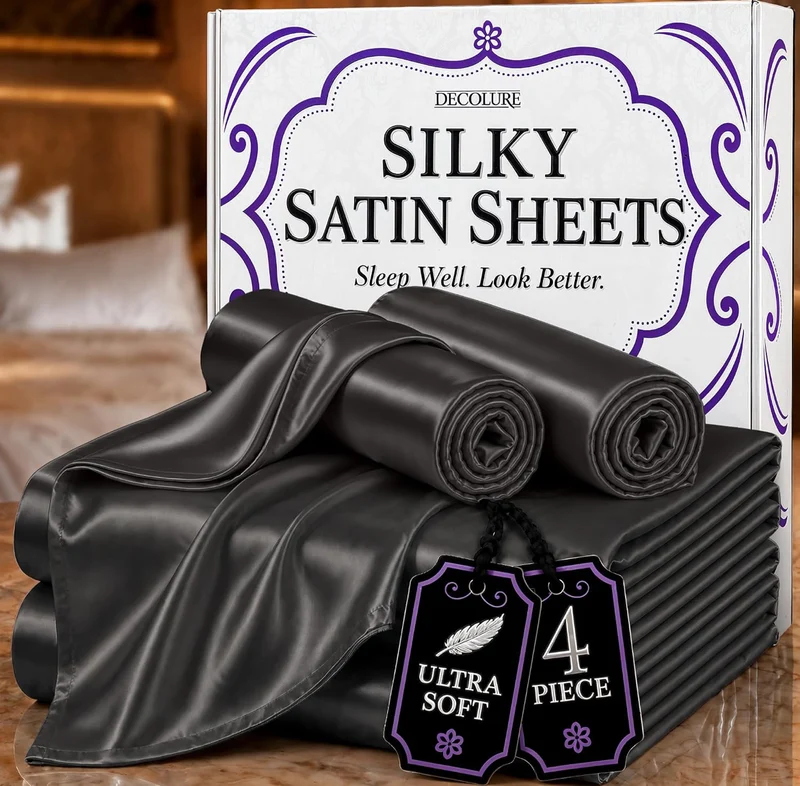Satin Bed Sheets - 4 PCS Luxury Silky Queen Size Bedding Set - Softer Than Silk, Wrinkle-Free with 15” Deep Pocket Fitted Sheet - (Stone Grey)