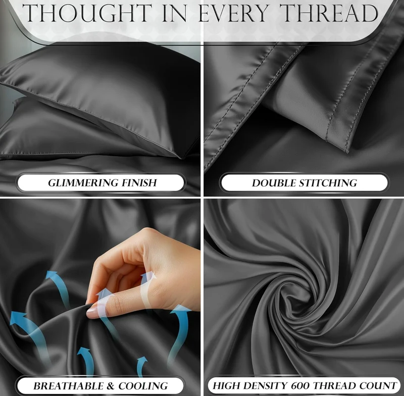 Satin Bed Sheets - 4 PCS Luxury Silky Queen Size Bedding Set - Softer Than Silk, Wrinkle-Free with 15” Deep Pocket Fitted Sheet - (Stone Grey)