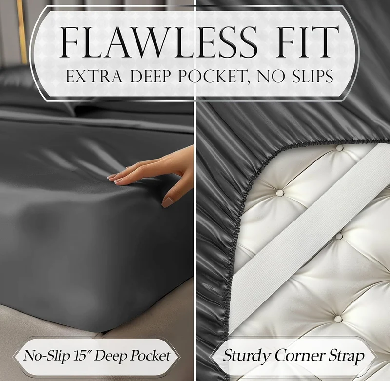 Satin Bed Sheets - 4 PCS Luxury Silky Queen Size Bedding Set - Softer Than Silk, Wrinkle-Free with 15” Deep Pocket Fitted Sheet - (Stone Grey)