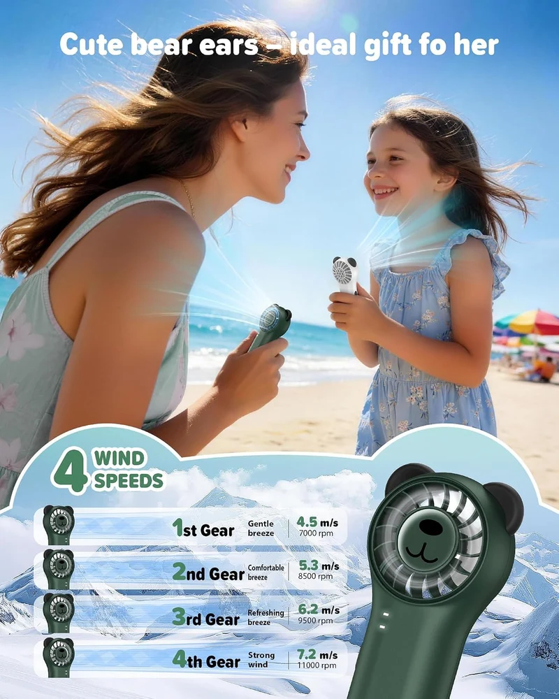 Cute Bear Mini Handheld Portable Fan 11000RPM Rechargeable - Green