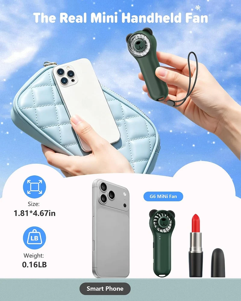 Cute Bear Mini Handheld Portable Fan 11000RPM Rechargeable - Green