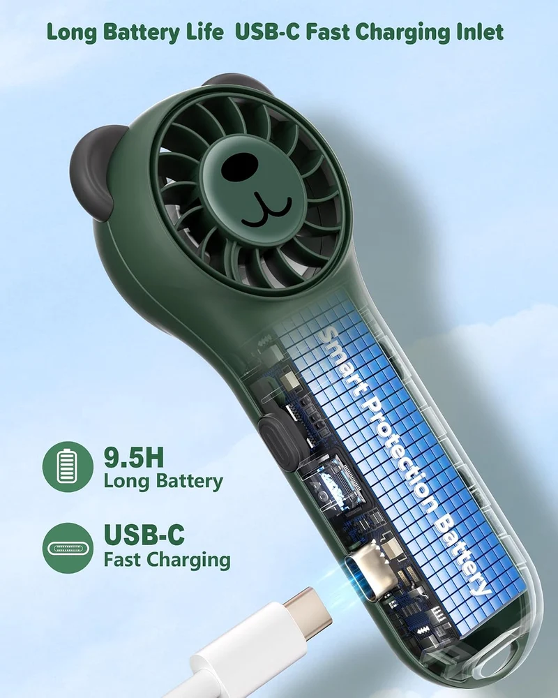 Cute Bear Mini Handheld Portable Fan 11000RPM Rechargeable - Green