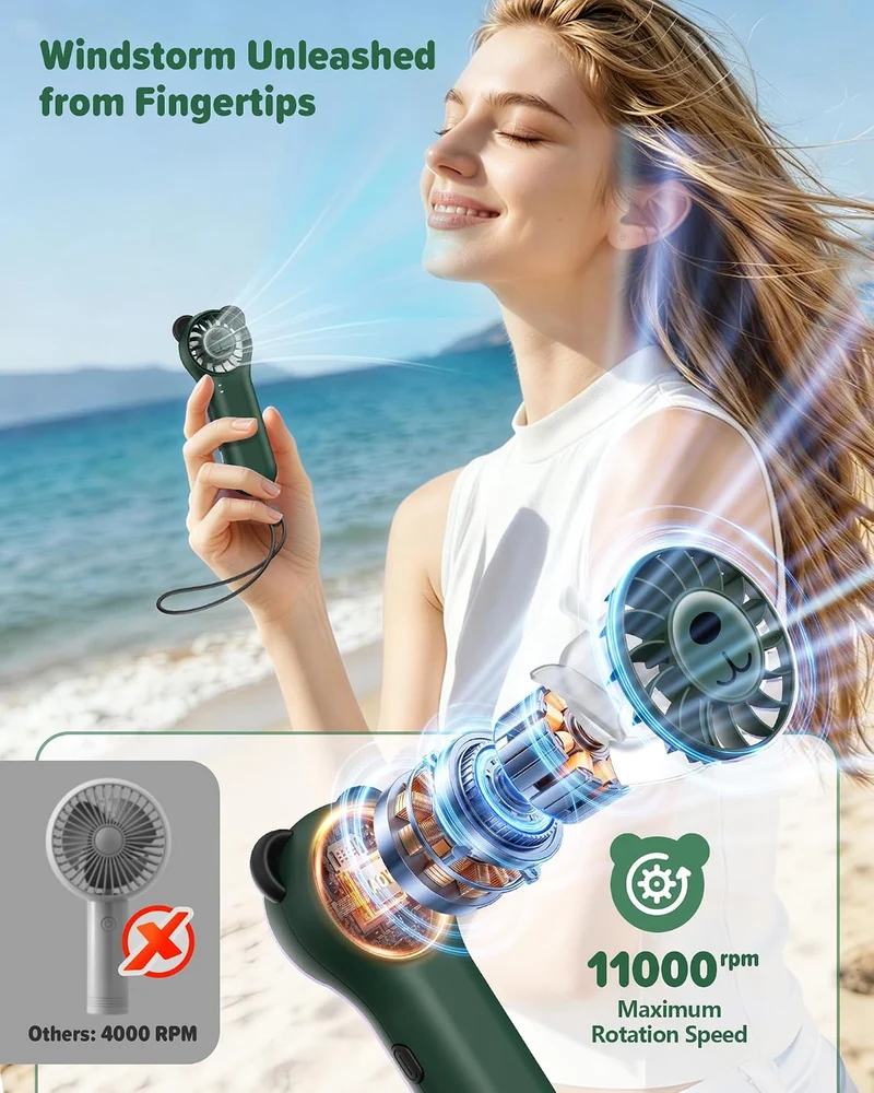 Cute Bear Mini Handheld Portable Fan 11000RPM Rechargeable - Green