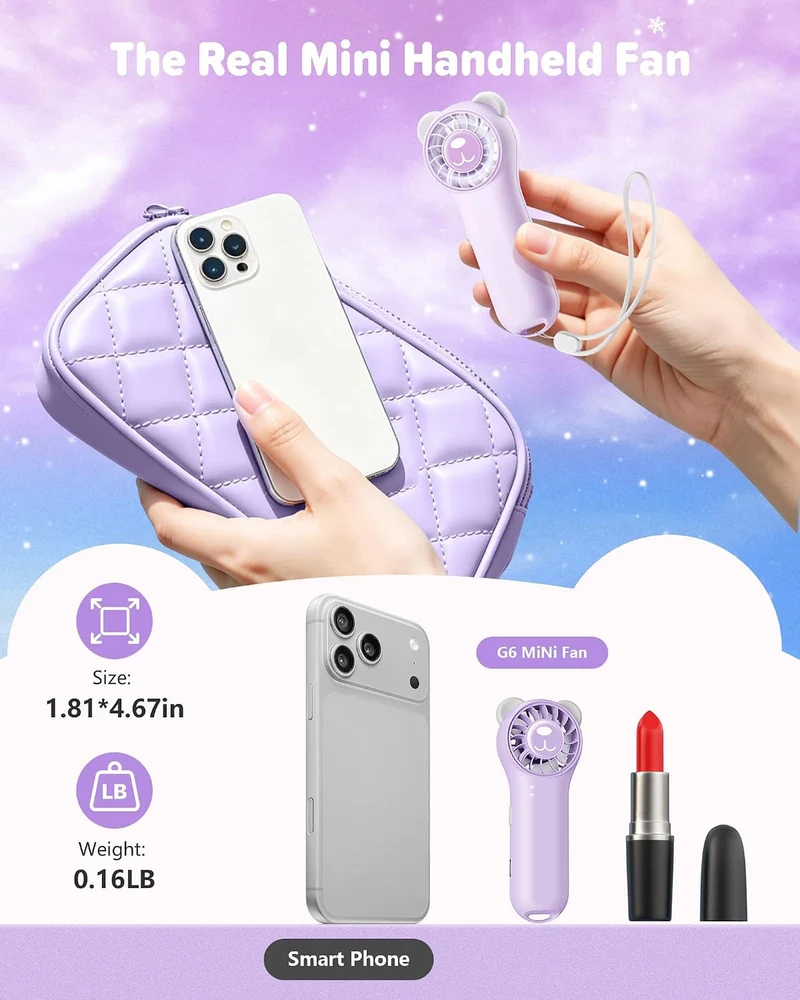 (PURPLE) Cute Bear Mini Handheld Portable Fan 11000RPM Rechargeable