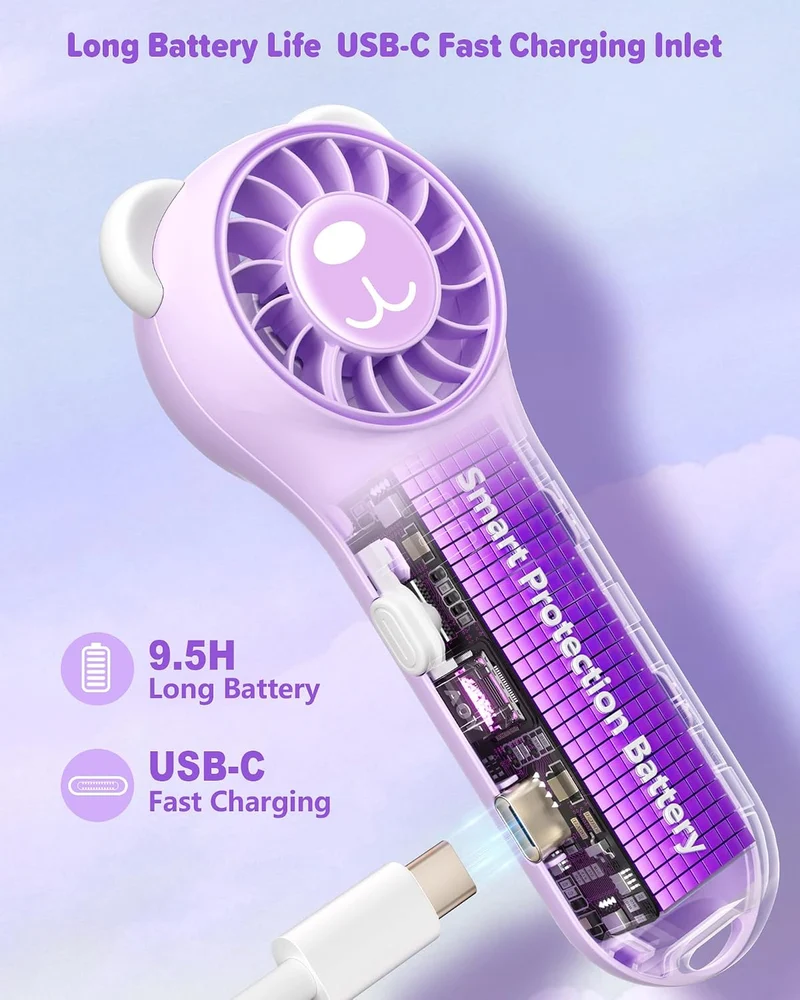 (PURPLE) Cute Bear Mini Handheld Portable Fan 11000RPM Rechargeable