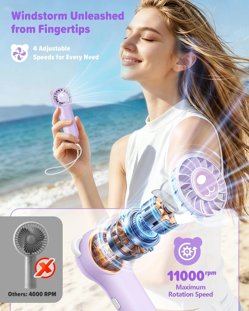 (PURPLE) Cute Bear Mini Handheld Portable Fan 11000RPM Rechargeable