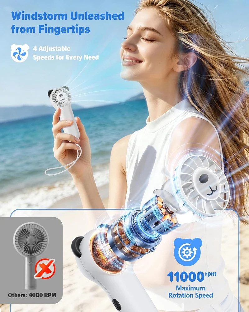 (WHITE) Cute Bear Mini Handheld Portable Fan 11000RPM Rechargeable