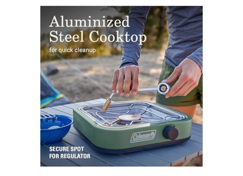 Coleman 18 1-Burner Camping Stove, Portable Cooktop w/ 8000 BTUs & Matchless Lighting, Fits 12-Inch Pan, Great for Outdoor Cooking, Camping, Tailgating, Grilling, BBQs, & More