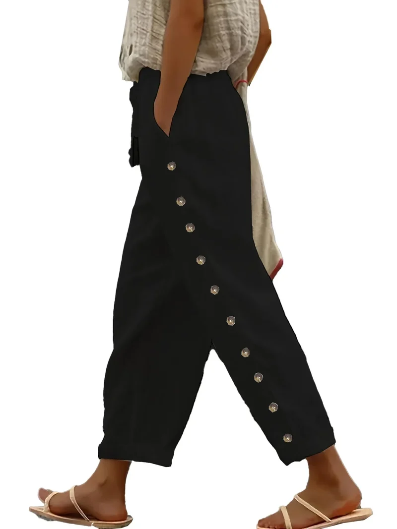 Pantalon en Lin & Coton à Taille Élastique 7/8 - Détail Bouton Longueur