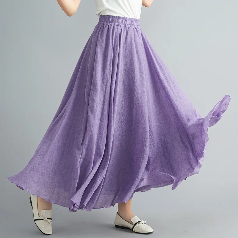 Jupe Longue en Coton & Lin à Taille Haute Élastique