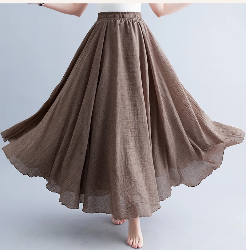 Jupe Longue en Coton & Lin à Taille Haute Élastique