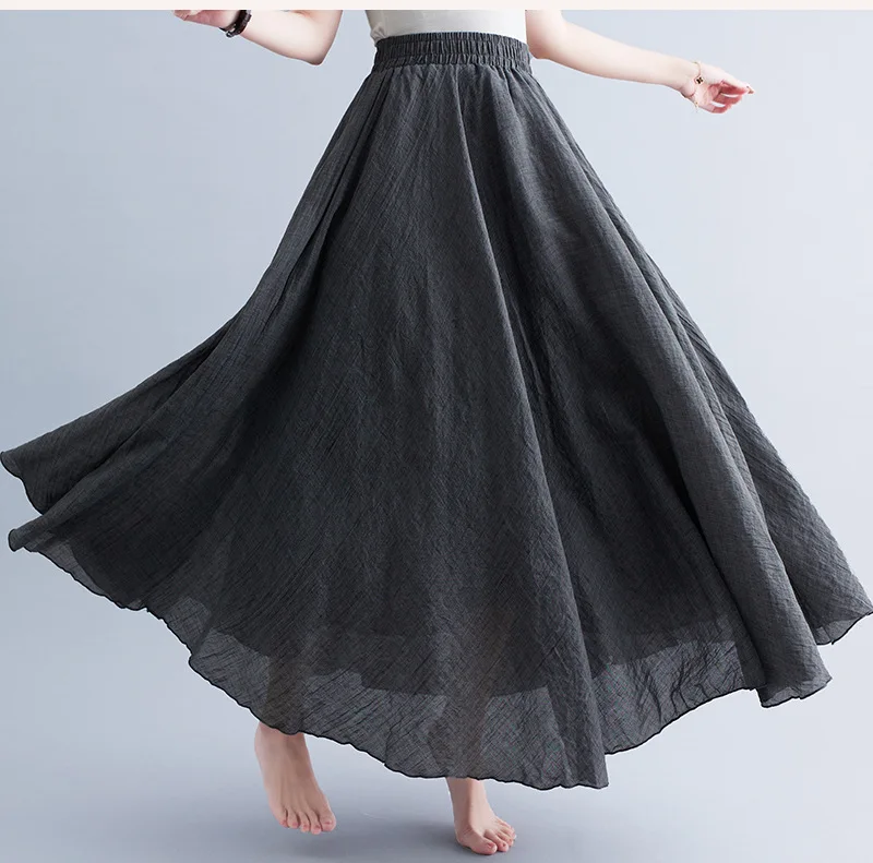 Jupe Longue en Coton & Lin à Taille Haute Élastique