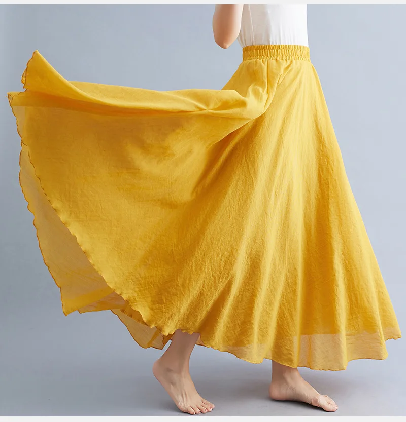Jupe Longue en Coton & Lin à Taille Haute Élastique