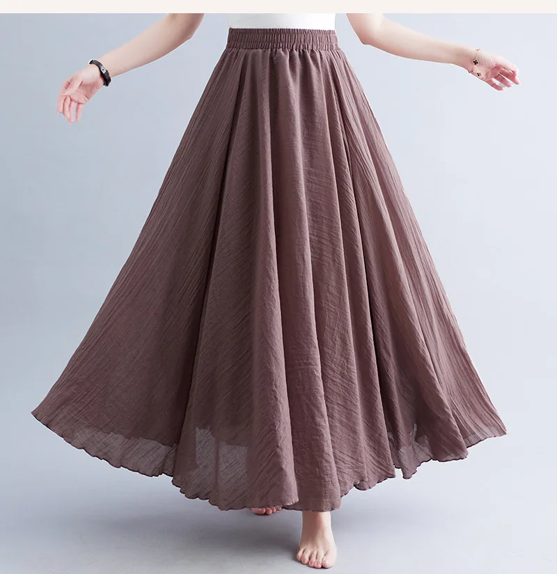 Jupe Longue en Coton & Lin à Taille Haute Élastique