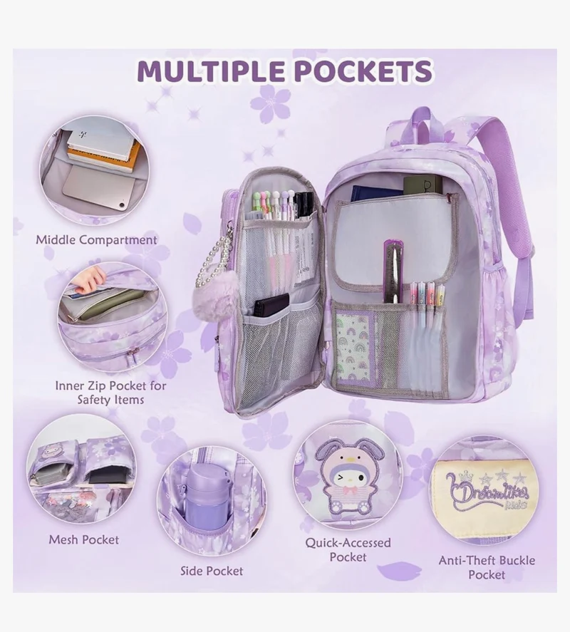 Kids Sets Backpack 17" for Girls, Cartoon School Bag for Elementary Middle School Students Book Bag with Lunch Box & Pencil Case - (Purple)