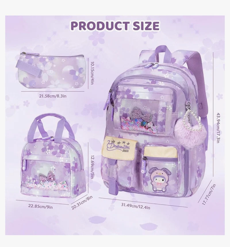 Kids Sets Backpack 17" for Girls, Cartoon School Bag for Elementary Middle School Students Book Bag with Lunch Box & Pencil Case - (Purple)