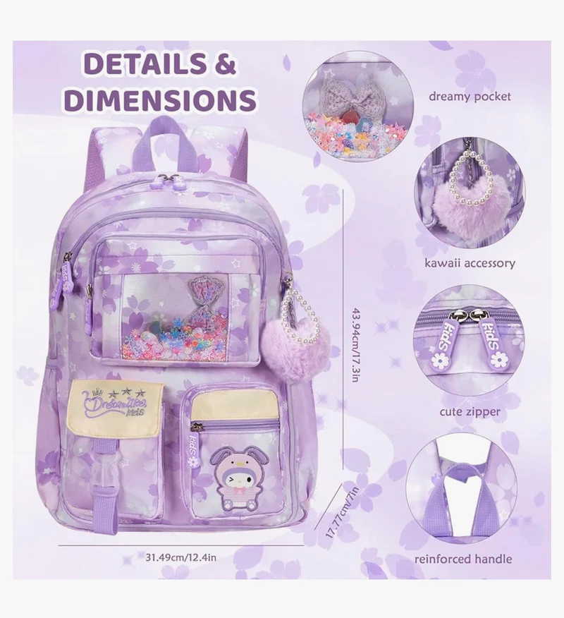 Kids Sets Backpack 17" for Girls, Cartoon School Bag for Elementary Middle School Students Book Bag with Lunch Box & Pencil Case - (Purple)