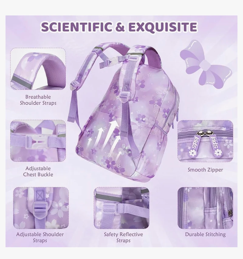 Kids Sets Backpack 17" for Girls, Cartoon School Bag for Elementary Middle School Students Book Bag with Lunch Box & Pencil Case - (Purple)