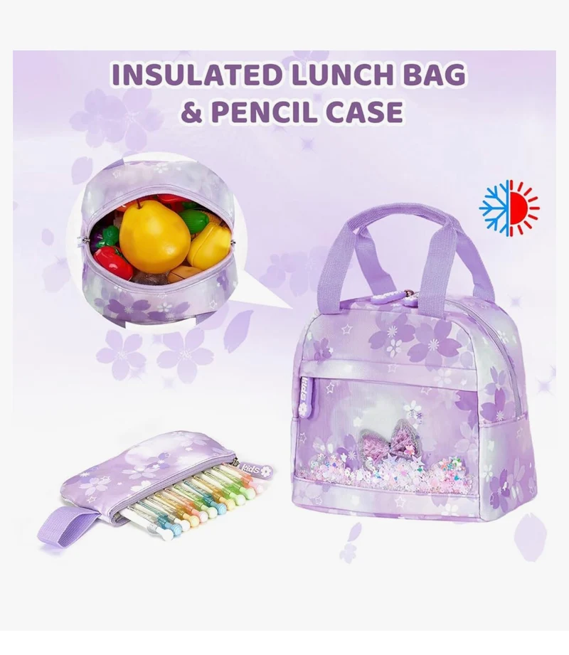 Kids Sets Backpack 17" for Girls, Cartoon School Bag for Elementary Middle School Students Book Bag with Lunch Box & Pencil Case - (Purple)
