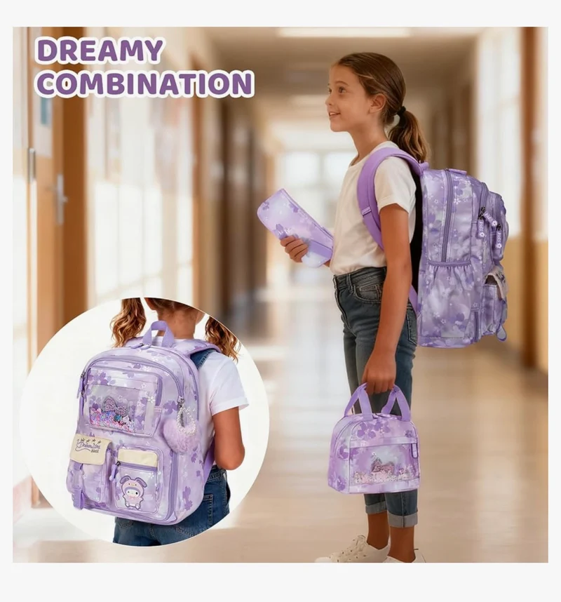 Kids Sets Backpack 17" for Girls, Cartoon School Bag for Elementary Middle School Students Book Bag with Lunch Box & Pencil Case - (Purple)