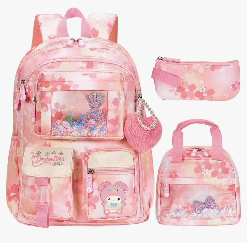 Kids Sets Backpack 17" for Girls, Cartoon School Bag for Elementary Middle School Students Book Bag with Lunch Box & Pencil Case - (Pink