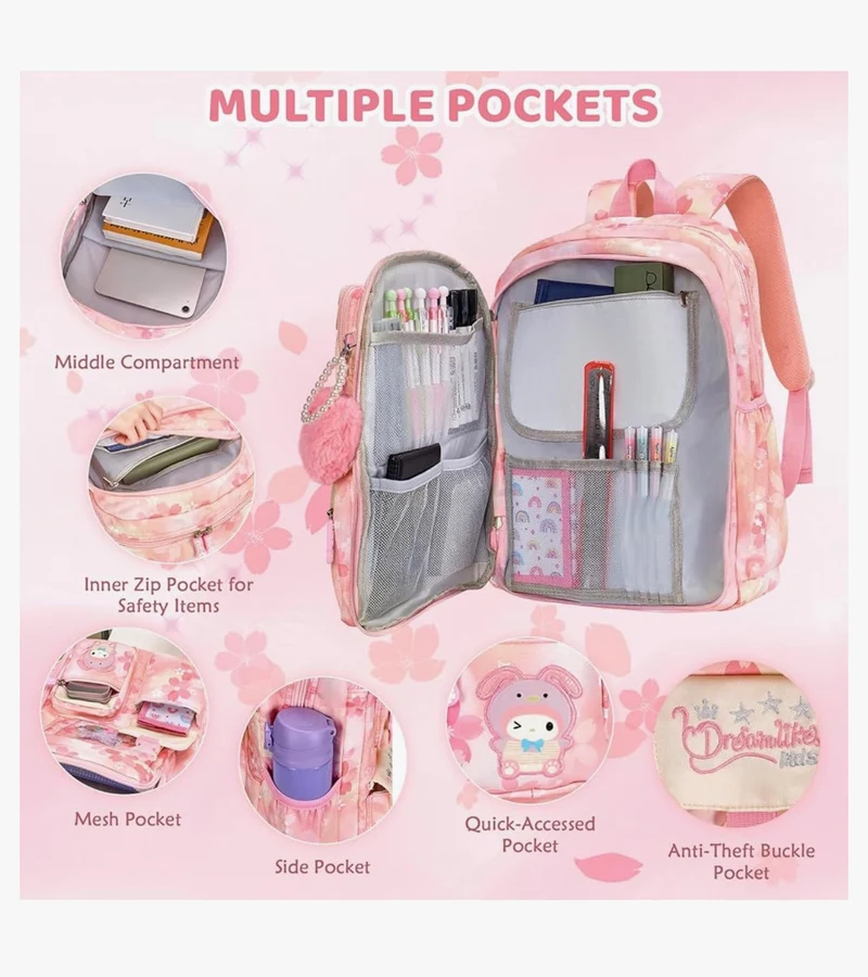 Kids Sets Backpack 17" for Girls, Cartoon School Bag for Elementary Middle School Students Book Bag with Lunch Box & Pencil Case - (Pink