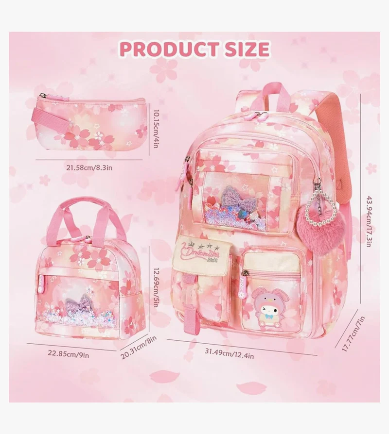 Kids Sets Backpack 17" for Girls, Cartoon School Bag for Elementary Middle School Students Book Bag with Lunch Box & Pencil Case - (Pink