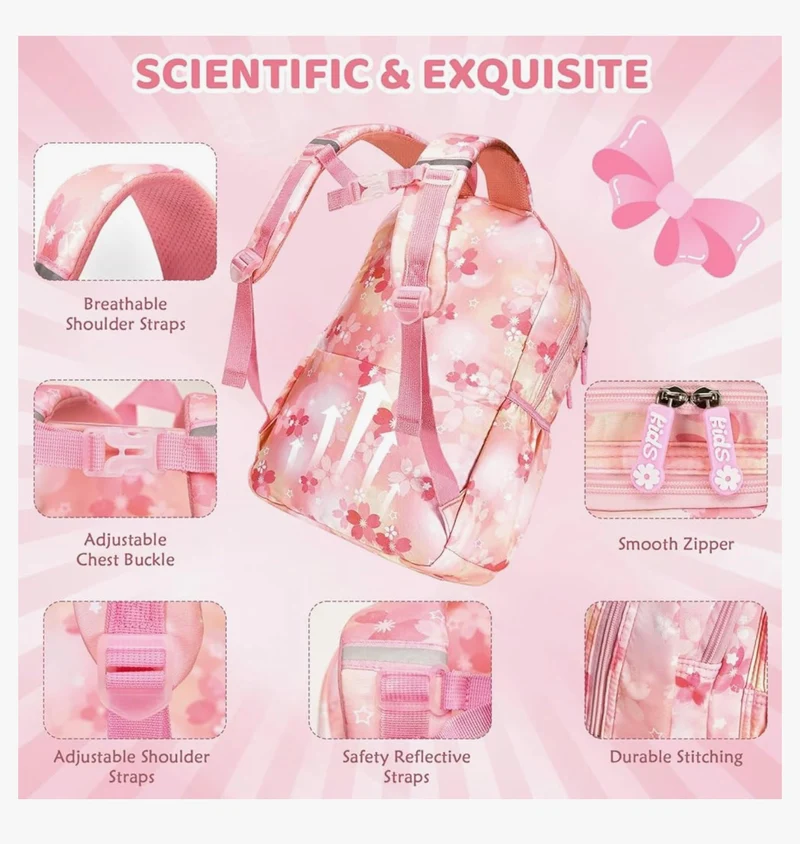 Kids Sets Backpack 17" for Girls, Cartoon School Bag for Elementary Middle School Students Book Bag with Lunch Box & Pencil Case - (Pink