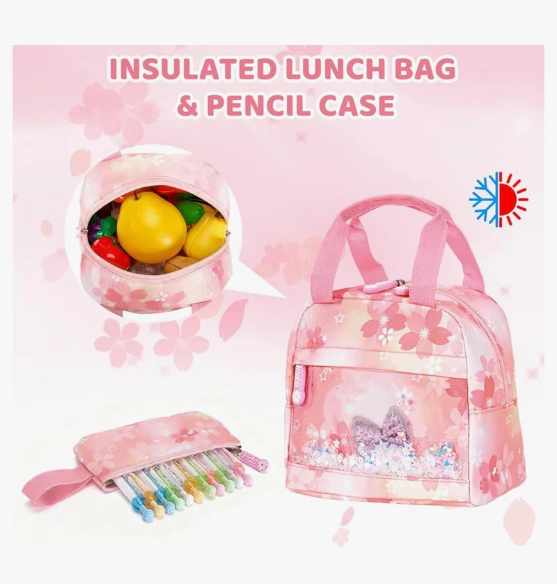 Kids Sets Backpack 17" for Girls, Cartoon School Bag for Elementary Middle School Students Book Bag with Lunch Box & Pencil Case - (Pink