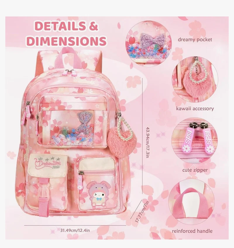Kids Sets Backpack 17" for Girls, Cartoon School Bag for Elementary Middle School Students Book Bag with Lunch Box & Pencil Case - (Pink