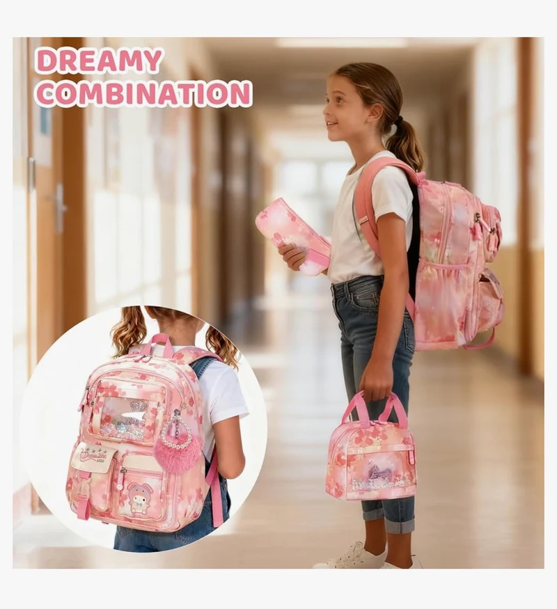Kids Sets Backpack 17" for Girls, Cartoon School Bag for Elementary Middle School Students Book Bag with Lunch Box & Pencil Case - (Pink