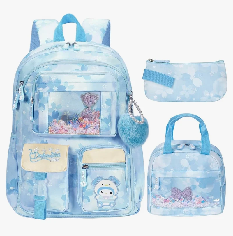 Kids Sets Backpack 17" for Girls, Cartoon School Bag for Elementary Middle School Students Book Bag with Lunch Box & Pencil Case - (Blue)
