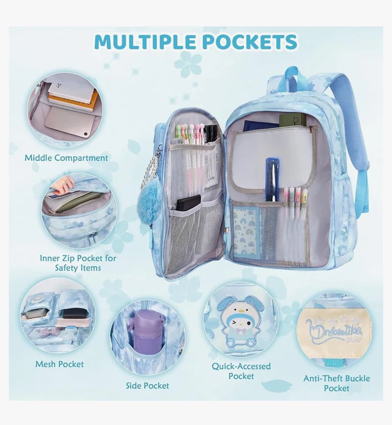 Kids Sets Backpack 17" for Girls, Cartoon School Bag for Elementary Middle School Students Book Bag with Lunch Box & Pencil Case - (Blue)