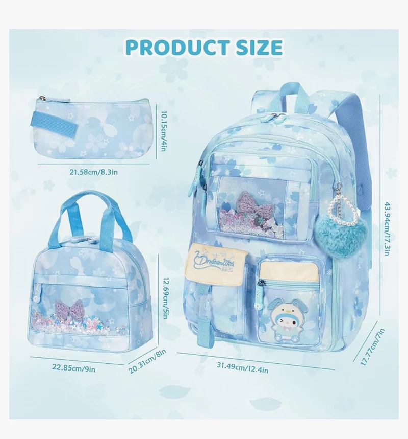 Kids Sets Backpack 17" for Girls, Cartoon School Bag for Elementary Middle School Students Book Bag with Lunch Box & Pencil Case - (Blue)