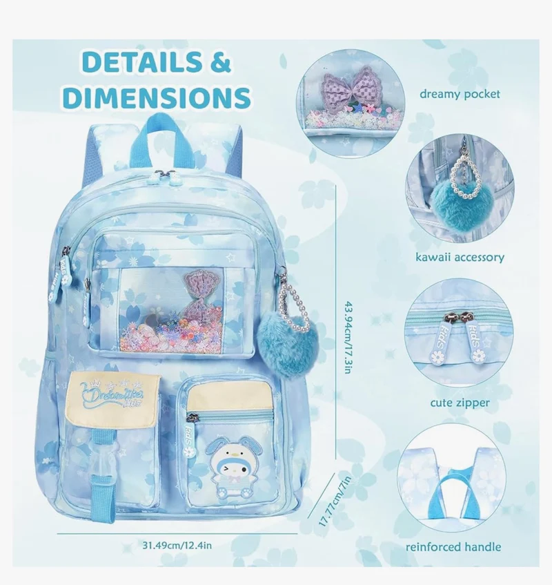 Kids Sets Backpack 17" for Girls, Cartoon School Bag for Elementary Middle School Students Book Bag with Lunch Box & Pencil Case - (Blue)