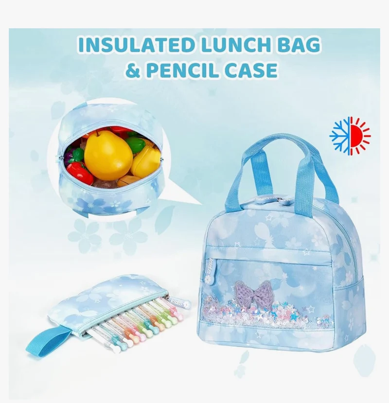 Kids Sets Backpack 17" for Girls, Cartoon School Bag for Elementary Middle School Students Book Bag with Lunch Box & Pencil Case - (Blue)