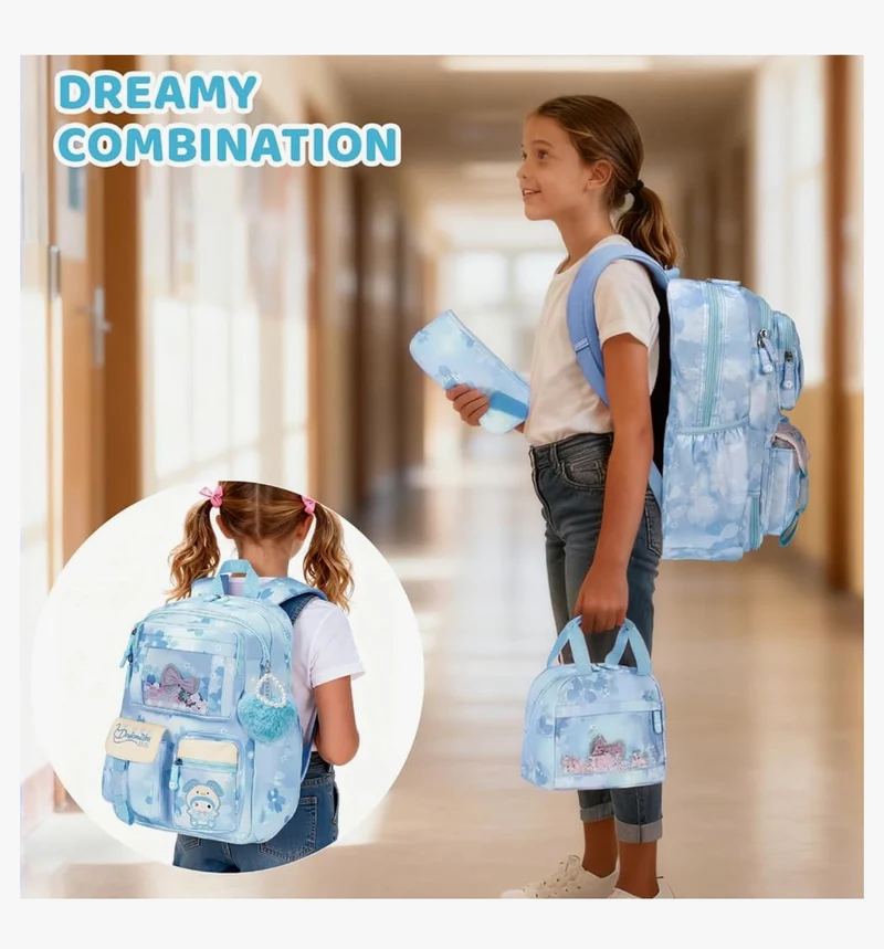 Kids Sets Backpack 17" for Girls, Cartoon School Bag for Elementary Middle School Students Book Bag with Lunch Box & Pencil Case - (Blue)