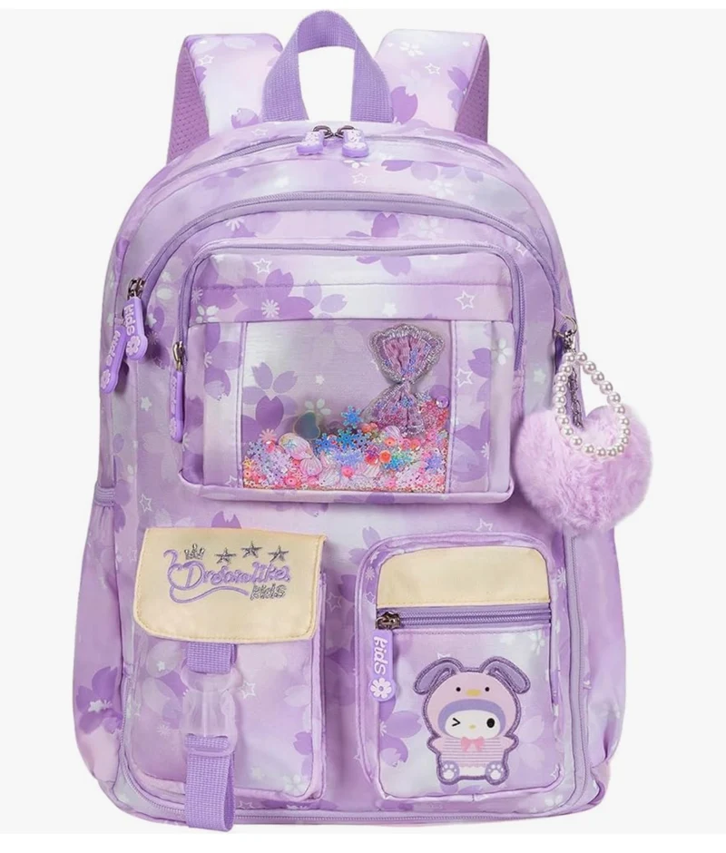 Kids Backpack 17 Inches for Girls, Cartoon School Bag for Elementary Middle School Students Book Bag - (Purple)