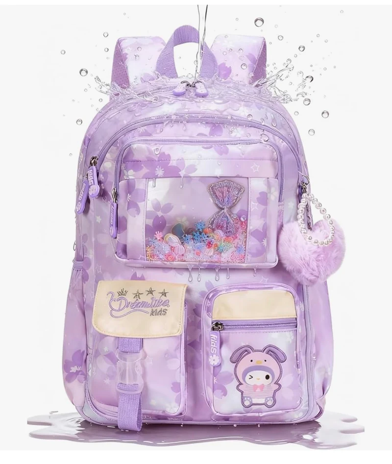 Kids Backpack 17 Inches for Girls, Cartoon School Bag for Elementary Middle School Students Book Bag - (Purple)