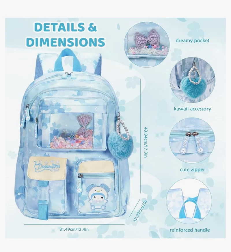 Kids Backpack 17 inches for Girls, Cartoon School Bag for Elementary Middle School Students Book Bag - (Blue)