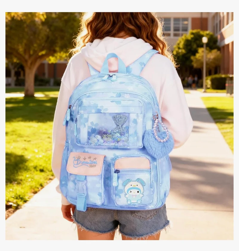 Kids Backpack 17 inches for Girls, Cartoon School Bag for Elementary Middle School Students Book Bag - (Blue)