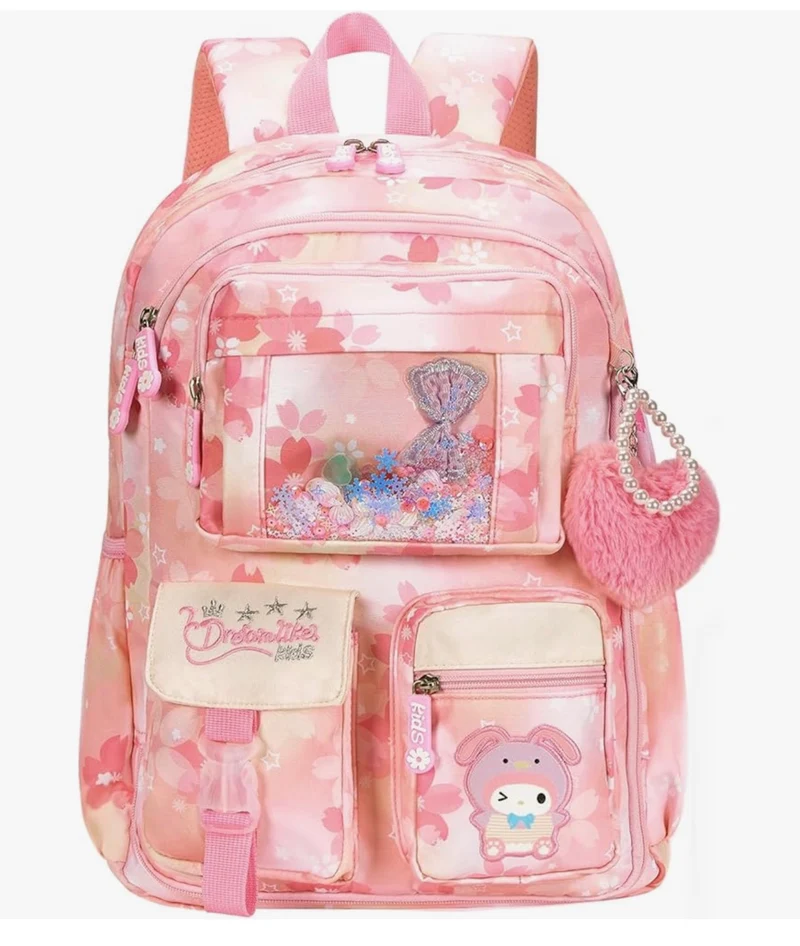 Kids Backpack 17 inches for Girls, Cartoon School Bag for Elementary Middle School Students Book Bag - (Pink)