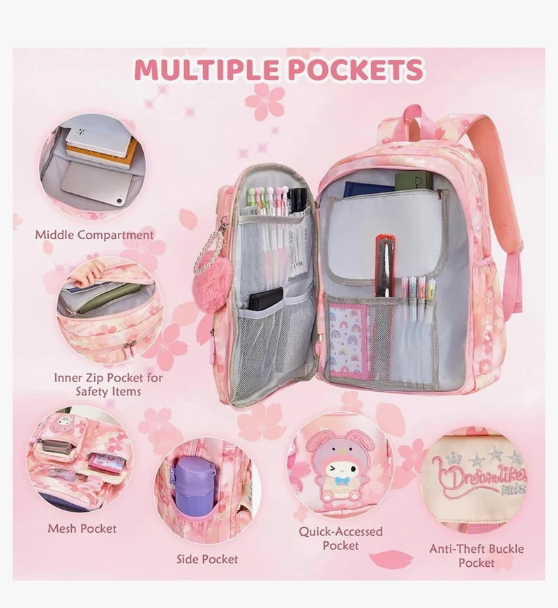 Kids Backpack 17 inches for Girls, Cartoon School Bag for Elementary Middle School Students Book Bag - (Pink)