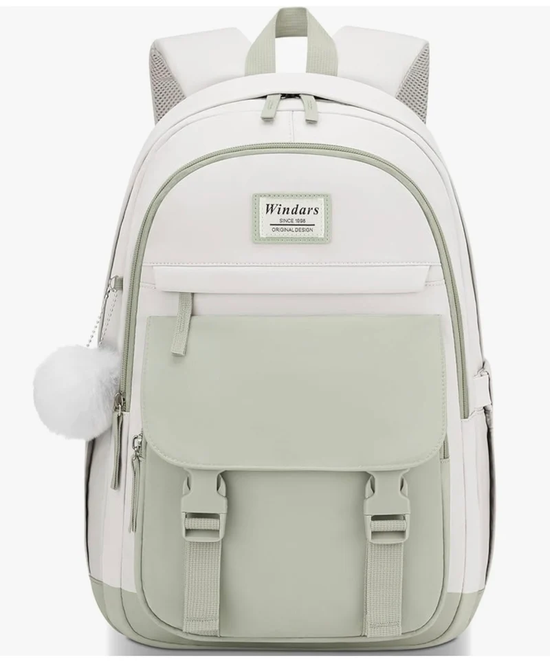School Backpack for Teen Girls, Cute College Aesthetic Bookbag Large 15.6 Inch Laptop Bag Middle School Travel Back Pack - (Green Beige)