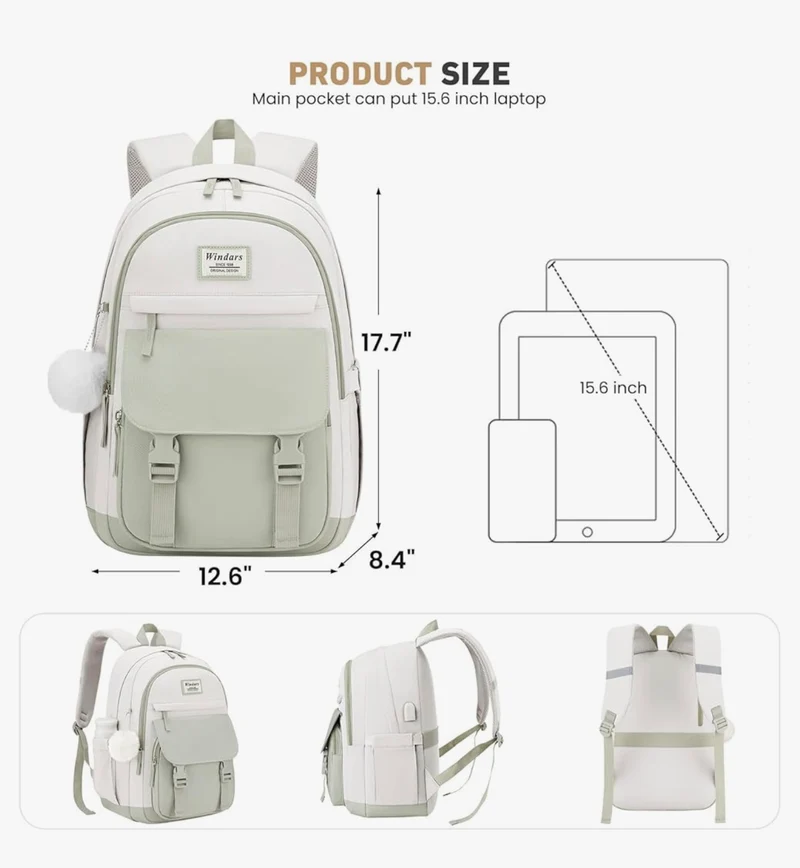 School Backpack for Teen Girls, Cute College Aesthetic Bookbag Large 15.6 Inch Laptop Bag Middle School Travel Back Pack - (Green Beige)