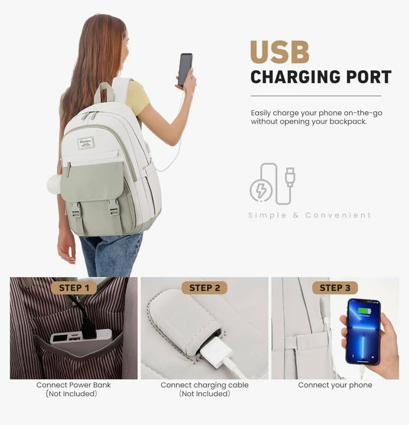 School Backpack for Teen Girls, Cute College Aesthetic Bookbag Large 15.6 Inch Laptop Bag Middle School Travel Back Pack - (Green Beige)
